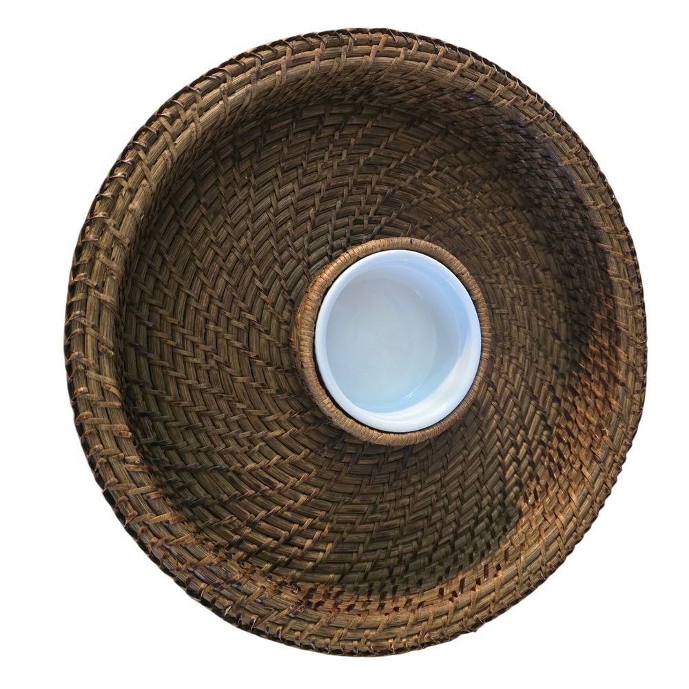 Woven Rattan Chip and‎ Dip Serving Tray Round Brown Wicker Platter with Ramekin